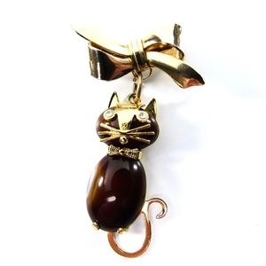 Dangle Cat Bow Tie Pin, 1960s, Rhinestones, Hobco